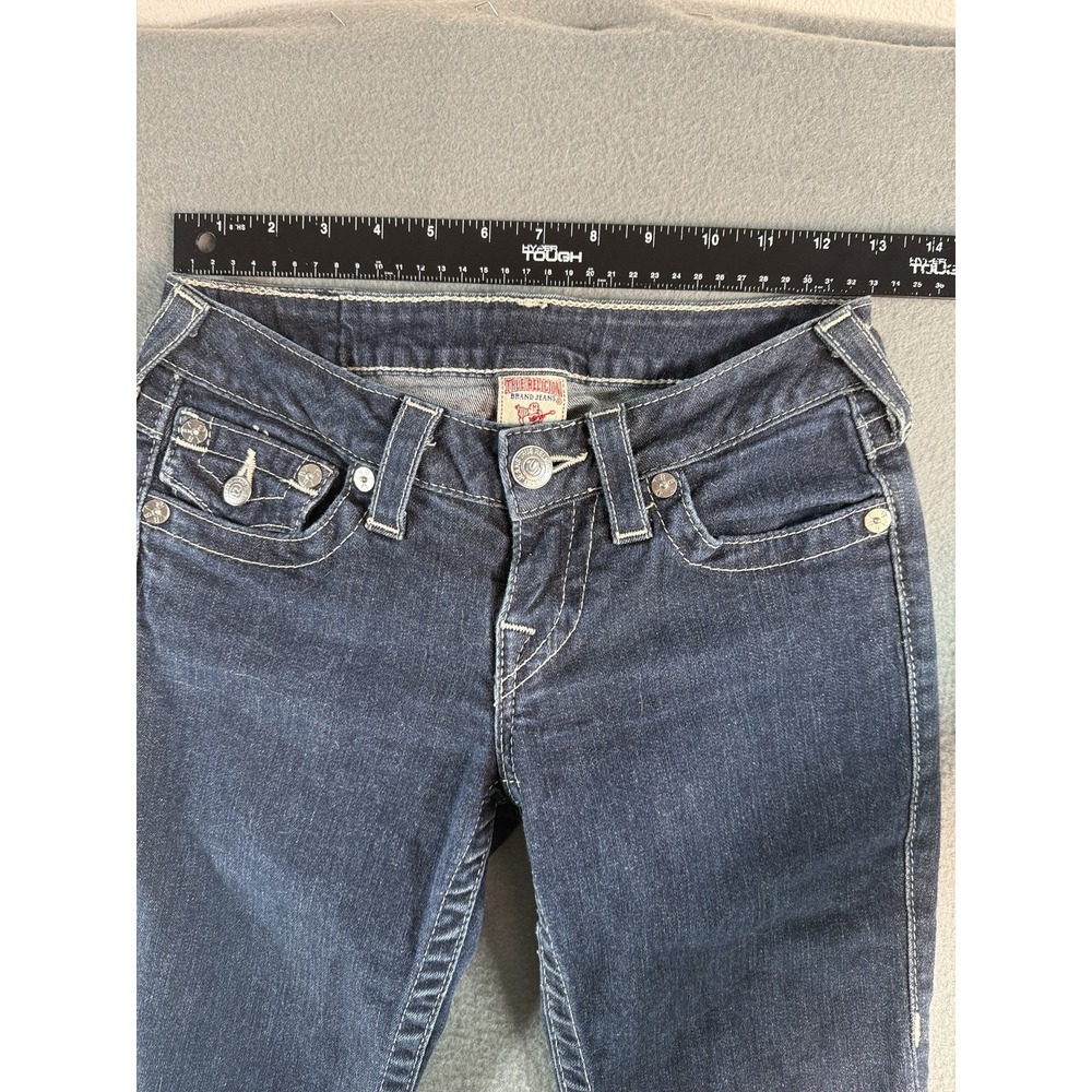 True Religion Straight Jeans Womens 26 Dark Wash Blue Low Rise Rhinestone Flap - Picture 5 of 10